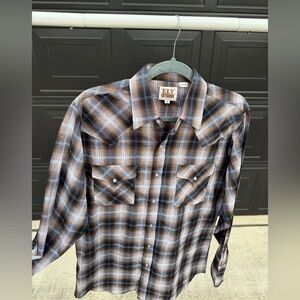 Ely Cattleman Western Shirt Brown Blue Plaid Pearl Snap